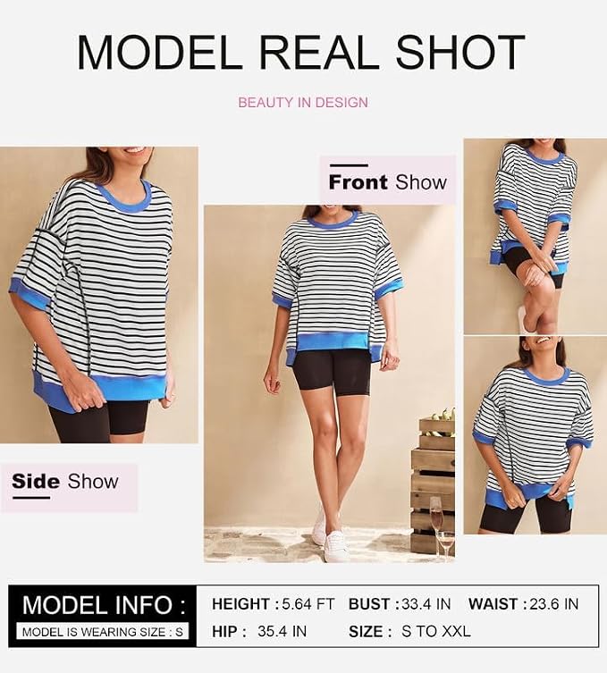 SHEWIN Womens Tops Casual Short Sleeve Sweatshirt Crewneck Striped Shirt Pullover T Shirts Loose Blouses - Image 7
