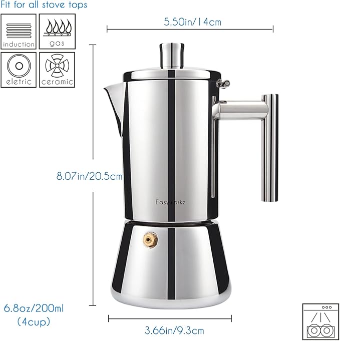 Easyworkz Diego Stovetop Espresso Maker Stainless Steel Italian Coffee Machine Maker 4Cup 6.8 oz Induction Moka Pot - Image 3