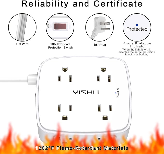 6 Ft Surge Protector Power Strip - YISHU 8 Widely Outlets with 4 USB Ports, 3 Side Outlet Extender with 6 Feet Flat Extension Cord, Ultra Flat Plug, Wall Mount, Desk USB Charging Station, ETL, White - Image 6
