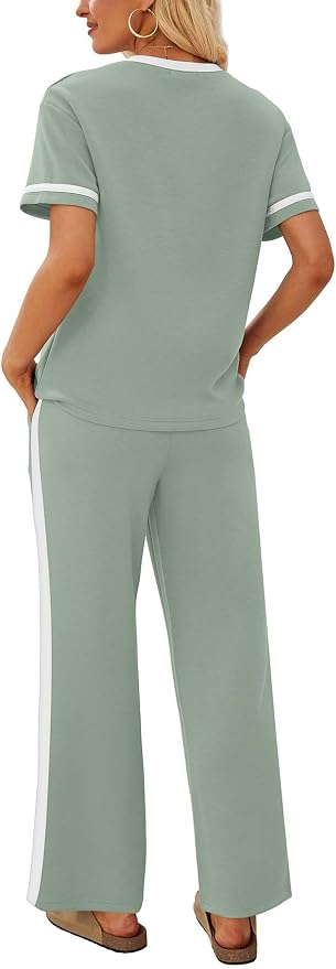 Sampeel 2 Piece Sets for Women Matching Sets Summer Outfits Resort Wear Short Sleeve Lounge Set Wide Leg Pants with Pockets - Image 5