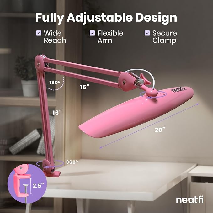 Neatfi XL 2200 Lumens 24W LED Desk Lamp – Shadow-Free Task Lighting | 4-Level Dimming | Home Office & Crafts Use | 20-Inch Wide Head (Pink, Non-CCT with Clamp) - Image 7