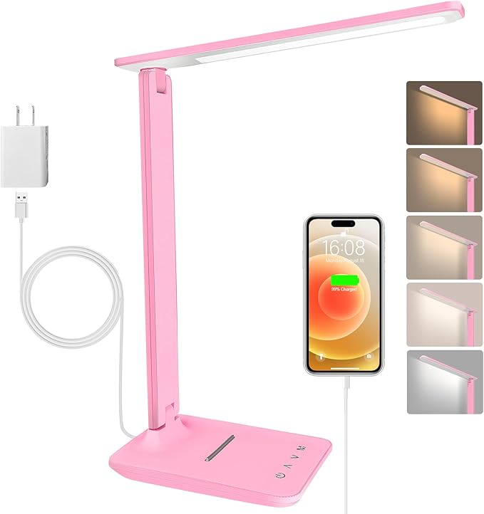 shinelife LED Desk Lamp for Office Home, Bright Desk Light with USB Charging Port, Adjustable Dimmable Desk Lamps 5 Modes 5 Brightness, Touch Study Lamp for Nail, Craft, Puzzle, Sewing, Study, Pink by Unknown