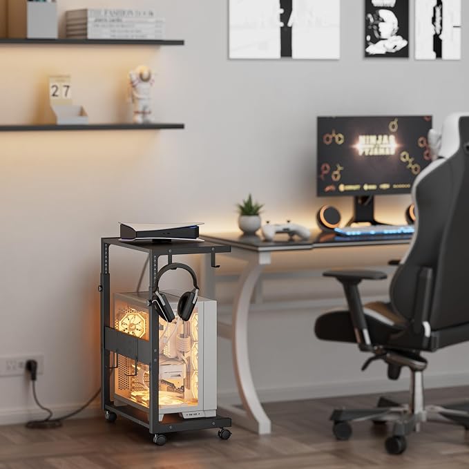 JANE EYRE Computer Tower Stand - Adjustable PC Tower Stand CPU Holder Cart with Charging Station for Office Home Classroom,23.03"-28.3" H, black - Image 5
