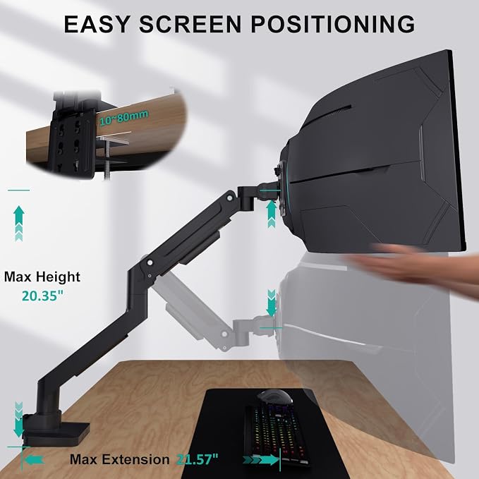 WALI Heavy Duty Single Monitor Arm for 13-49 inch 1000R Curved Screens, up to 44 Lbs, Adjustable Single Monitor Desk Mount with C-Clamp, Grommet Base, 75/100mm VESA Mount (GSM001XL), Black - Image 5