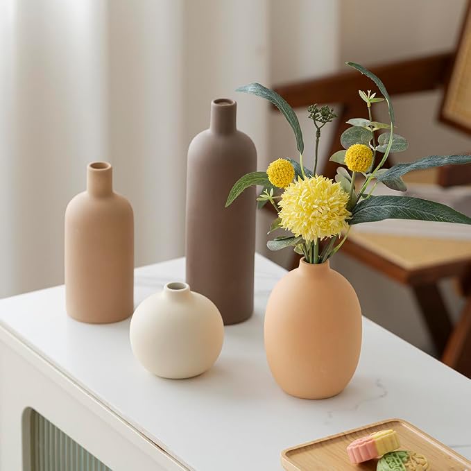 Modern Ceramic Vase Set, Neutral Colors, Decorative Vases for Home Shelf Decor, 4 Piece Collection, Happy Birthday Gifts for Women Mom Her Friend Sister Wife Grandma, Self Care Gift (Coffee Mix set 4) - Image 6