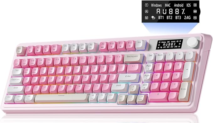 AULA S99pro Wireless Pink Keyboard,Full Size Creamy Gaming Keyboard | Tri-Mode Bluetooth/wireless/2.4GHz,RGB Backlit,Media Knob Programmable ABS Keycaps&Screen,Membrane Keyboard with Number Pad by AULA