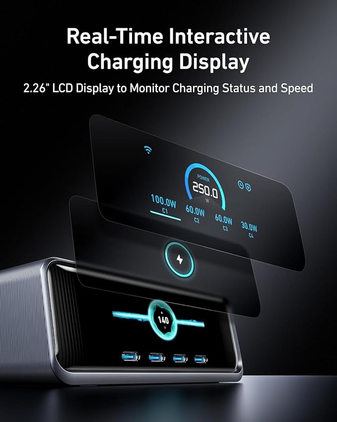 Anker Prime Charging Station, 250W 6-Port GaN USB C Charger, 2.26" LCD Smart Display Control, Compatible with iPhone, Galaxy, MacBook, Dell for Home Office, Gaming Desk Accessories - Image 3