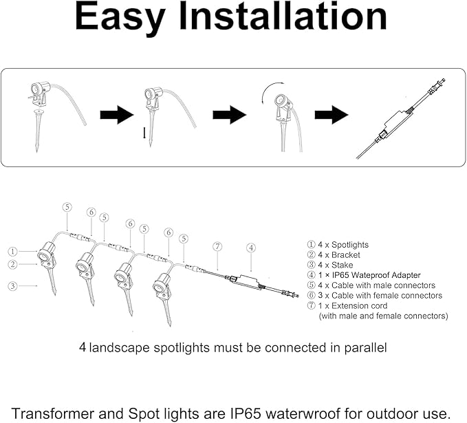 SUNTHIN Outdoor Landscape Lighting, 4 Pack Outdoor Spot Lights with Transformer for Yard, Plant, Lawn, Tree, Flags, House, Garden, Fence Use, IP65 Waterproof & Connectable - Image 6