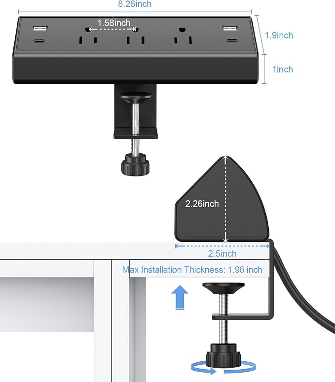 Jgstkcity Desk Clamp Power Strip,40W Total Fast Charging Station,2 PD 20W USB C Ports,Desk Edge Mount Surge Protector for Home, Office,3 Outlets,Fit 1.96" Tabletop Edge,ETL Listed | 2 PD 20W USB C Ports, 3 Outlets, Desk Edge Mount, Fit 1.96" Tabletop E... - Image 5
