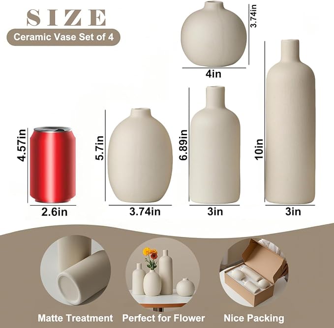 Modern Ceramic Vase Set, Neutral Colors, Decorative Vases for Home Decor, 4 Piece Collection (Beige) - Image 7