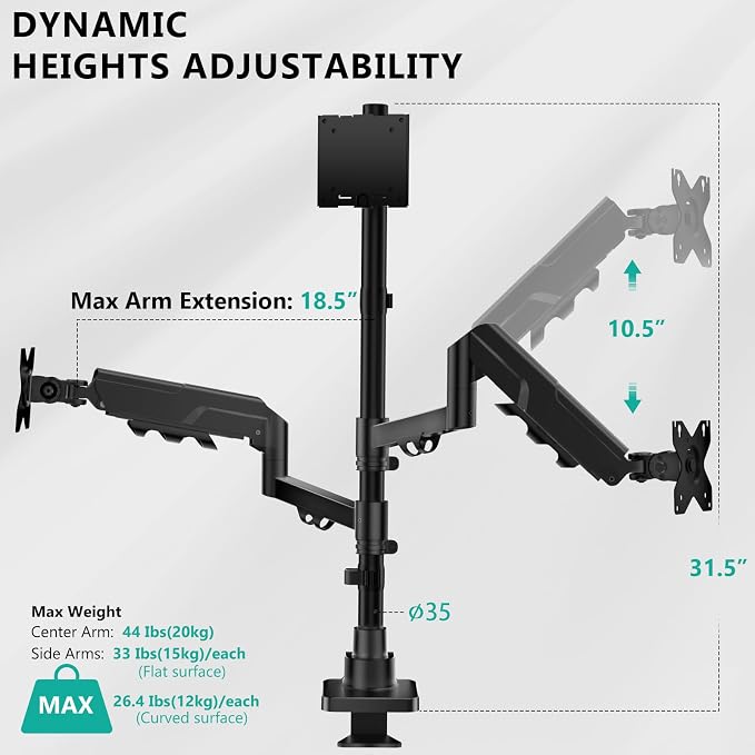 WALI Triple Monitor Mount - Extra Tall 3 Monitor Desk Mount for 17-49 Inch Ultrawide Screens, Up to 44 lbs, Fully Adjustable Heavy Duty Monitor Arm, VESA 75/100 mm (GSDM003-P), Black - Image 4