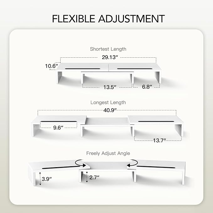 AMERIERGO Dual Monitor Stand Riser- 3 Shelf Screen Stand with Adjustable Length and Angle, 2 Extra Functional Slot Desktop Organizer Stand for PC, Computer, Laptop (White) - Image 2