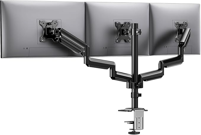 HUANUO Triple Monitor Mount for 13-27 inch Computer Screens, Gaming 3 Monitor Desk Mount with Arm Holds 19.8lbs, Triple Monitors Stand with Tilt, Swivel, Rotation, VESA 75x75, 100x100mm by HUANUO