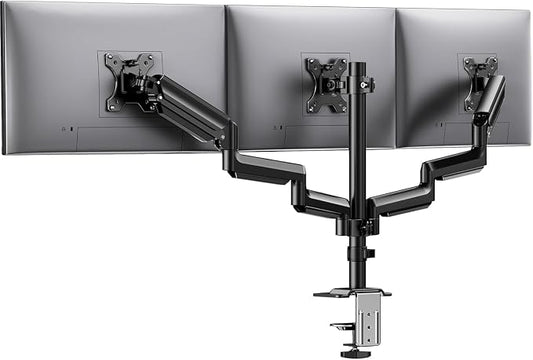 HUANUO Triple Monitor Mount for 13-27 inch Computer Screens, Gaming 3 Monitor Desk Mount with Arm Holds 19.8lbs, Triple Monitors Stand with Tilt, Swivel, Rotation, VESA 75x75, 100x100mm by HUANUO