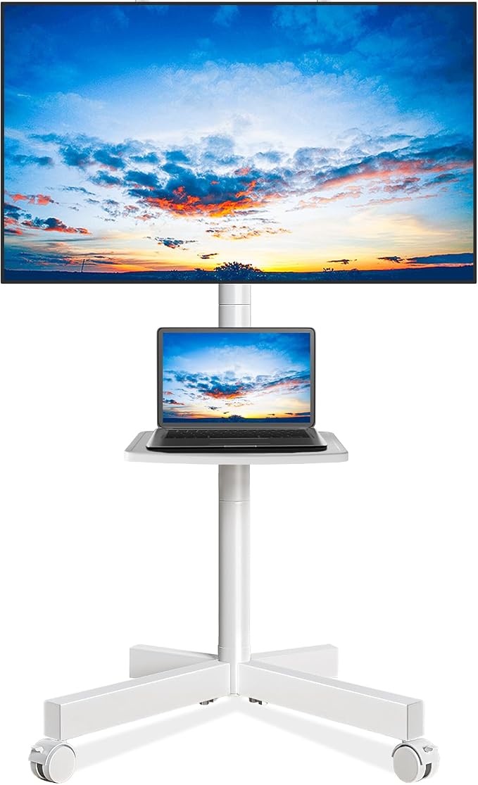 Rfiver Mobile TV Stand for 23-65 Inch LCD LED Flat/Curved Panel Screen TVs up to 88 lbs, Rolling TV Stand with Adjustable Shelf & Tilt, Portable Floor Stand on Wheels for Bedroom, Living Room, White by Rfiver