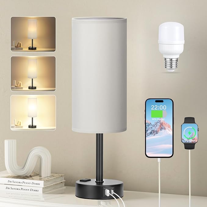 Fenmzee Grey Touch Bedside Lamp for Bedroom - 3 Way Dimmable Table Lamp USB C Charging Ports and AC Outlet, Small Desk Lamp for Living Room, Office, LED Bulb Included by Fenmzeelighting