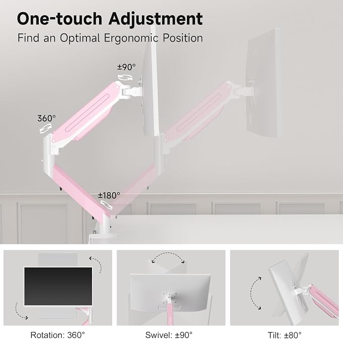 Suptek Monitor Mount Gas Spring Monitor Arm Desk Mount Fully Adjustable Fits 17 20 22 23 24 26 27 32 35 inch Monitors Weight Capacity up to 24.25 lbs, Pink - Image 3
