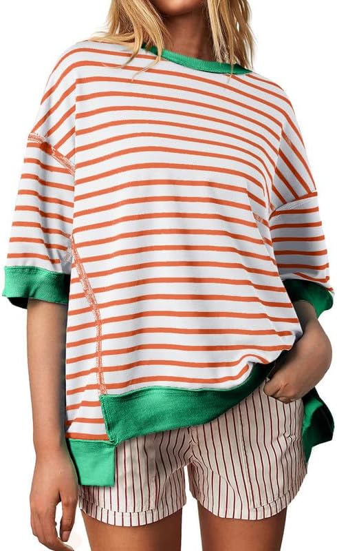SHEWIN Womens Tops Casual Short Sleeve Sweatshirt Crewneck Striped Shirt Pullover T Shirts Loose Blouses - Image 3