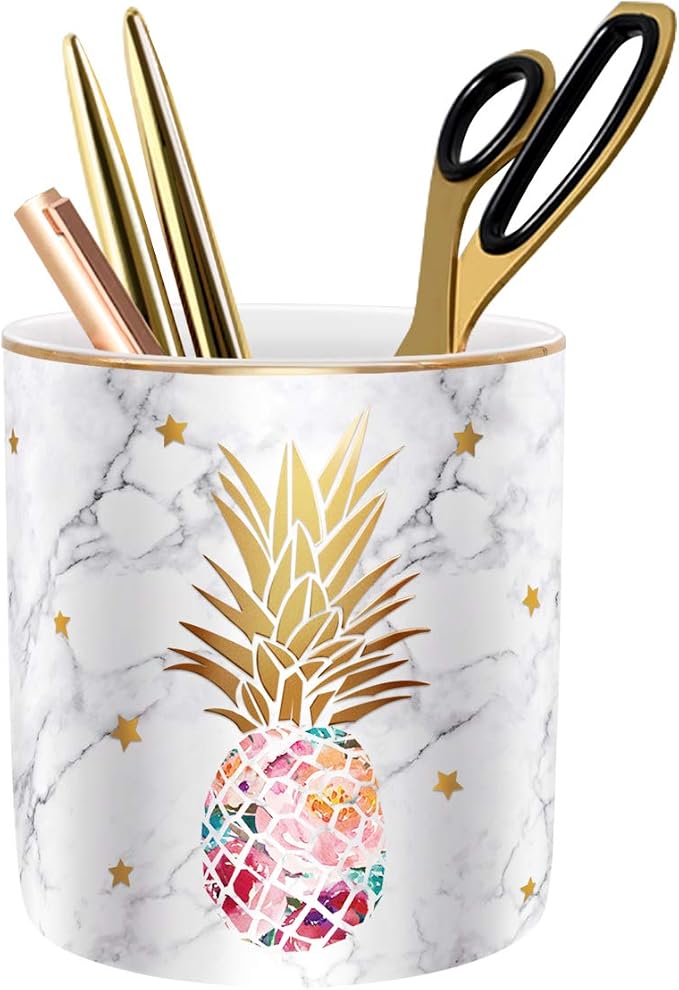 Cute Pen Holder for Desk, Ceramic Pencil Organizer, Makeup Brush Holder, Office Decor and Desk Accessories Durable Ceramic, Pineapple Pattern by WAVEYU