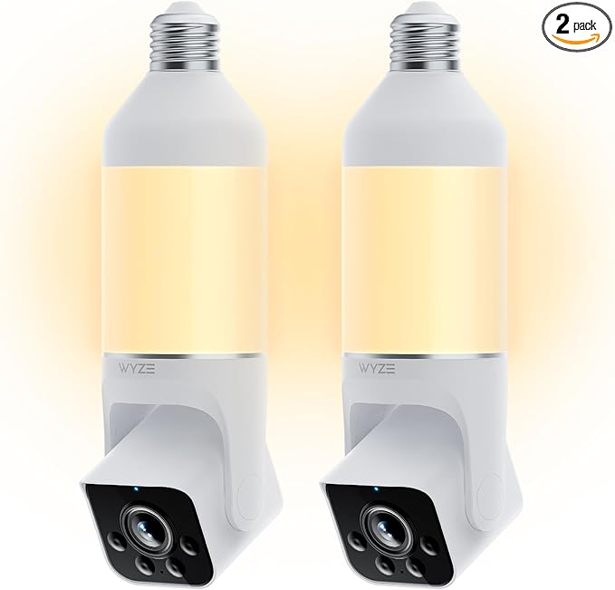 WYZE Bulb Cam Security Camera, 2K HD Outdoor Light Bulb Camera, Color Night Vision, Dimmable LED Bulb, Motion Detection, Siren Alarm, Works w/Alexa/Google Assistant (2 Pack) by WYZE