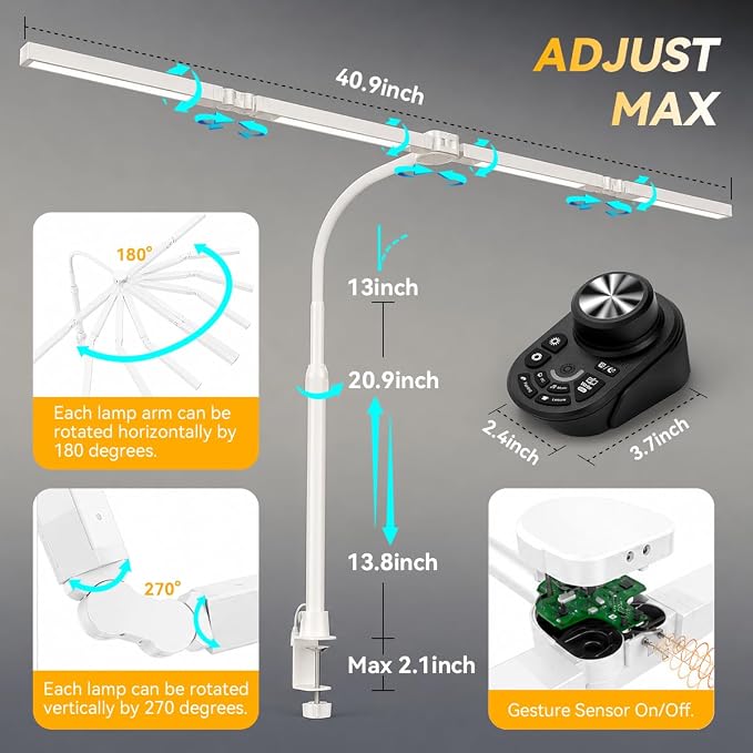 Adjustable LED Desk Lamp with Clamp, 4-Head Eye-Caring CRI95+ Desk Light, Stepless Dimming & Color Temp Remote Control, Flexible Neck, 5-Mode for Reading, Computer, Crafting, 90" Wide Desk Coverage - Image 3