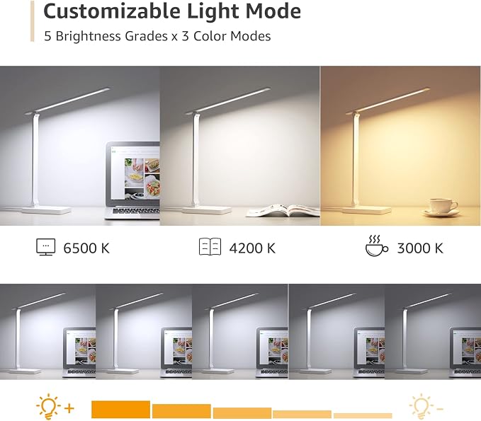 Lepro LED Desk Lamp with USB Charging Port for Dorm Room, 700LM 9.5W, White | Dimmable Table Lamp, 5 Colors 5 Brightness, Eye Caring Task Light for Home Office, Sewing, Crafting, Reading, Nail, Drafts - Image 3