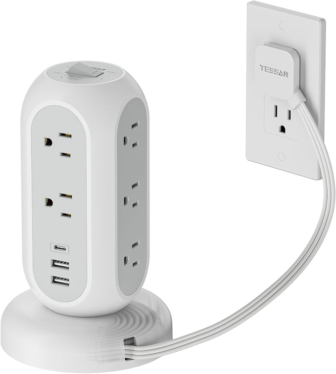 TESSAN Tower Power Strip Flat Plug with 1050J Surge Protection, 5 Ft, Grey | 11 Outlets 3 USB (1 USB C), Surge Protector Power Tower, Retractable Extension Cord with Multiple Outlets for Dorm, Office by TESSAN