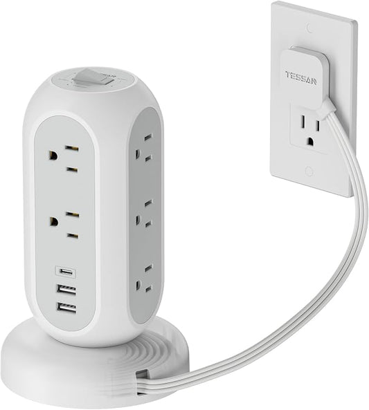 TESSAN Tower Power Strip Flat Plug with 1050J Surge Protection, 5 Ft, Grey | 11 Outlets 3 USB (1 USB C), Surge Protector Power Tower, Retractable Extension Cord with Multiple Outlets for Dorm, Office by TESSAN
