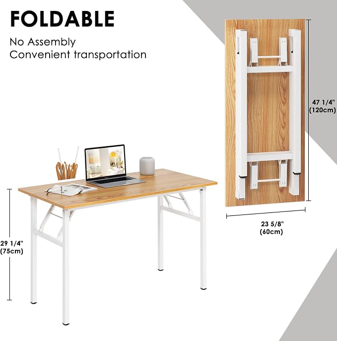 Need Office Computer Desk 47.2x23.6 in Sturdy Folding Laptop Table Teak | White Frame Writing Gaming Work Table/Foldable Home Office Desk/Sewing Table, No Assembly Required - Image 3