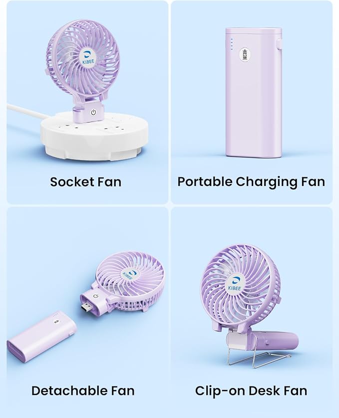 KIBEE Portable Handheld Fan, 5200mAh Rechargeable Mini Fan with Up to 20H Runtime, 180° Foldable Personal Fan, 3 Speeds, Desk Stand, Travel Essentials for Women, Concerts, Makeup, Camping, Purple - Image 4