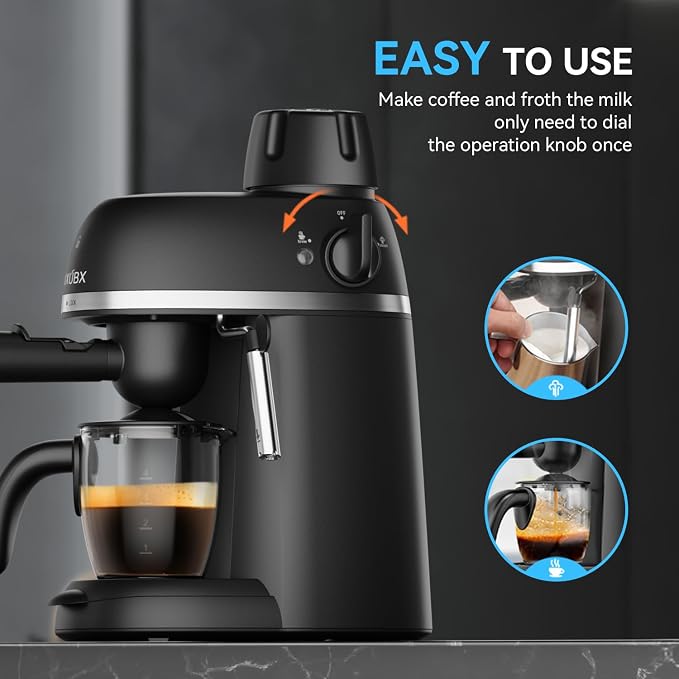 XIXUBX Compact Espresso & Cappuccino Machine, 3.5 Bar with Steam Wand | 800W Fast Heating, Safety Lock & Tritan Cup, One-Touch 4-Cup Brewing & Powerful Steam for Latte, Black for Home & Office - Image 5