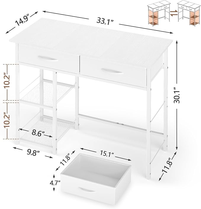 ThreeHio Small Writing Desk with 2 Drawers, White Computer Desk with Storage Shelf, Home Kids Study Table for Small Spaces, Simple Desk for Bedroom, Home Office, Living Room, Dorm, Vanity Desk, White - Image 2