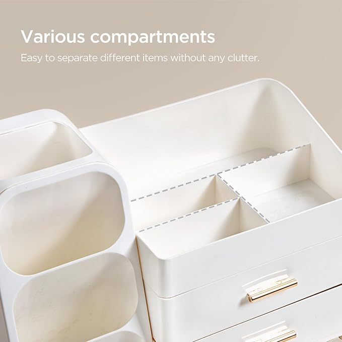 HBlife Desk Organizer with Pen Pencil Holder for Desk, Pen Organizer with 2 Drawers, Desk Organizers and Accessories with 4 Compartments, Desktop Storage for Office Home School Art Supplies, All White - Image 4