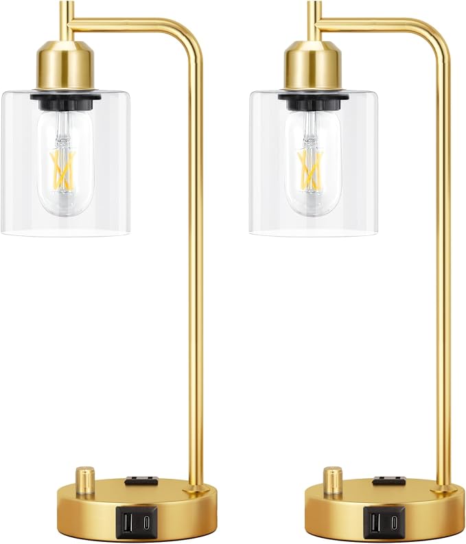Innqoo Industrial Table Lamp for Bedroom Set of 2 - Fully Dimmable Bedside Lamps with USB Ports and Outlet, Gold Nightstand Lamps with Clear Glass Shade for Living Room, Desk Lamps for Office Reading - Image 8