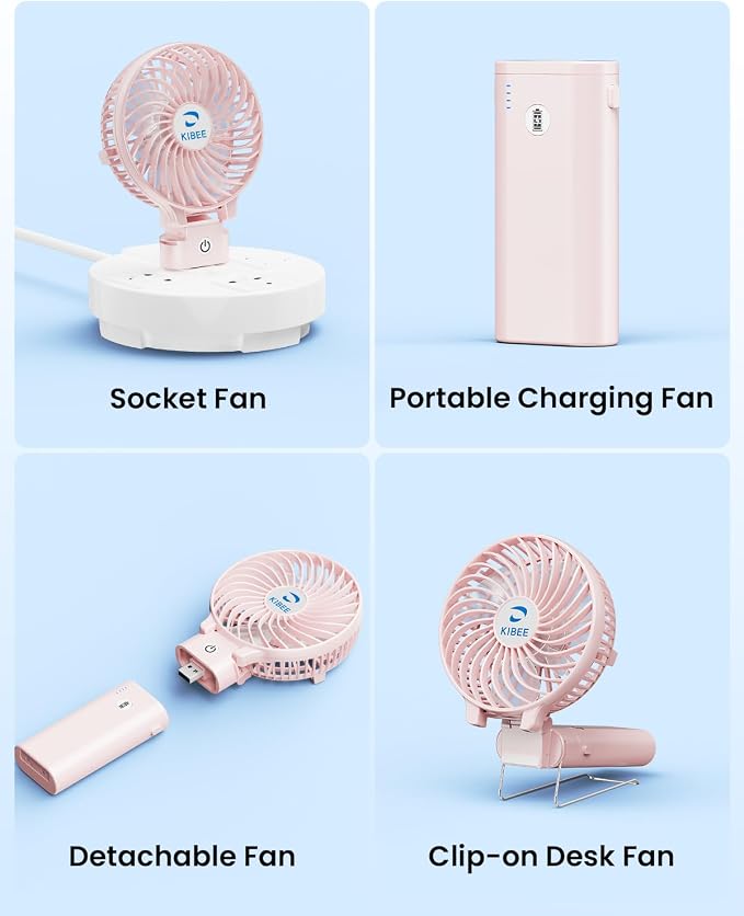 KIBEE 5200mAh Portable Handheld Fan, 20H Max Runtime USB Rechargeable Foldable 180° Mini Personal Fan, 3 Speeds Quiet Cooling Fan with Stand & Power Bank, Travel Outdoor Makeup Concerts (Pink) - Image 4
