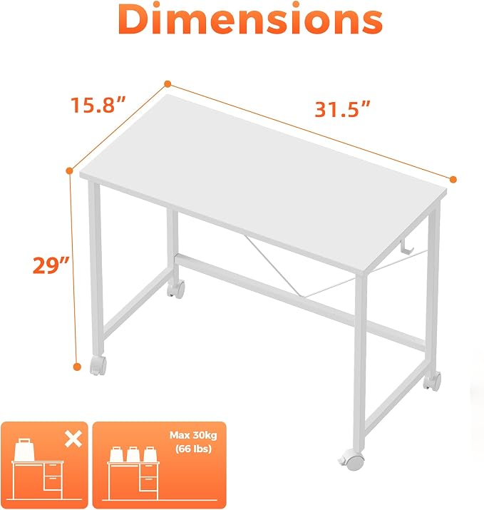 Mericonia 32x16 Inch Computer Desk with Wheels, Small Simple Rolling Desk | Writing Table for Home Office Bedroom Work Study, White - Image 2