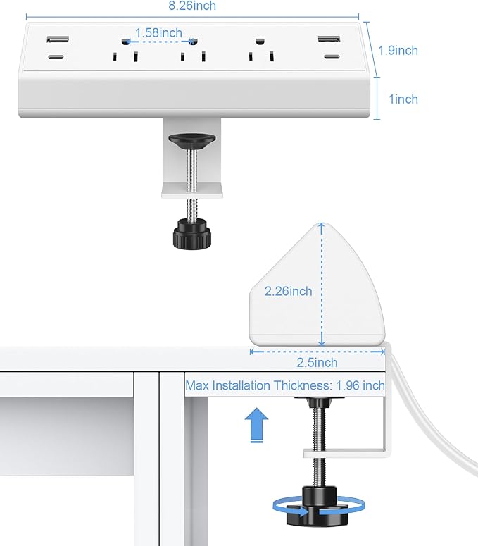 Jgstkcity Desk Clamp Power Strip,40W Total Fast Charging Station,2 PD 20W USB C Ports,Desk Edge Mount Surge Protector for Home, Office,3 Outlets,Fit 1.96" Tabletop Edge,ETL Listed,White | 2 PD 20W USB C Ports, 3 Outlets, Desk Edge Mount, Fit 1.96" Tabl... - Image 5
