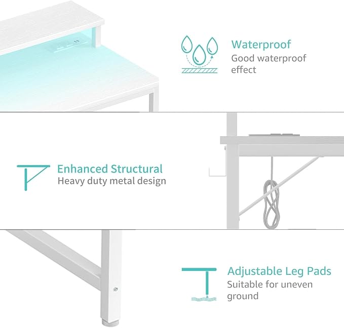 Lufeiya Small White Desk with LED Lights and Power Outlets, 32 Inch Home Office Computer Desks with Monitor Stand, Teen Writing Study Table Gaming Desk with Charging Station, White - Image 8