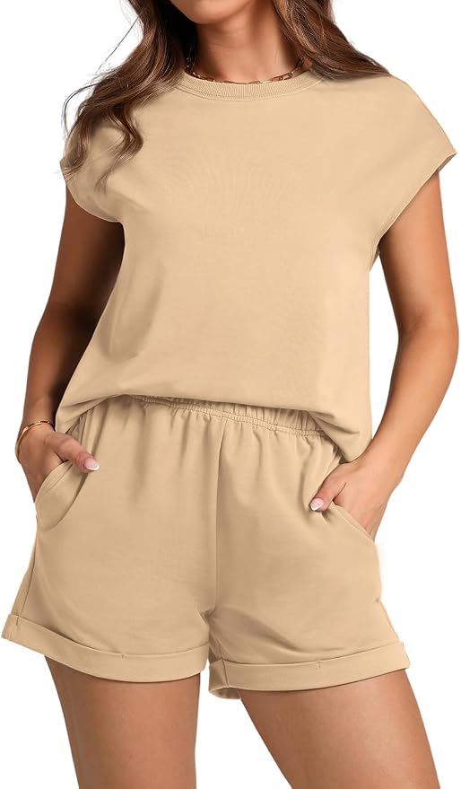 WIHOLL 2 Piece Sets for Women Casual Summer Travel Vacation Outfits Cap Sleeve Shorts Lounge Set - Image 2