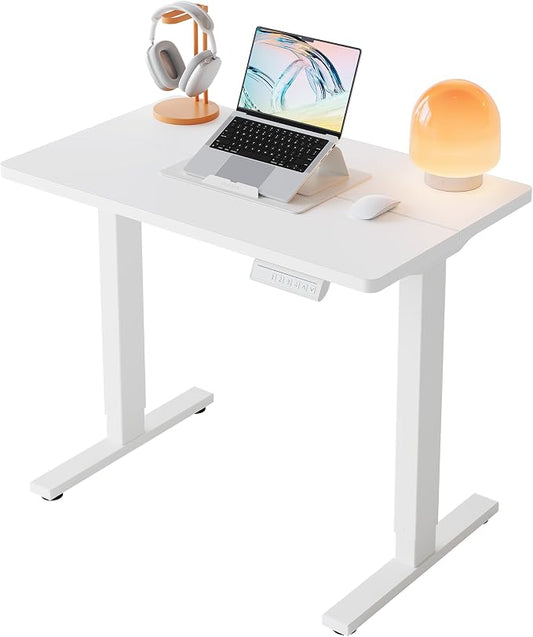HUANUO 32x19 Inch Small Electric Standing Desk, Adjustable, White | Compact Home Office Desk, 176lbs Heavy Duty Lifting with 4 Height Presets. M8 Screw Holes Ready for DIY Mobile Wheels by HUANUO