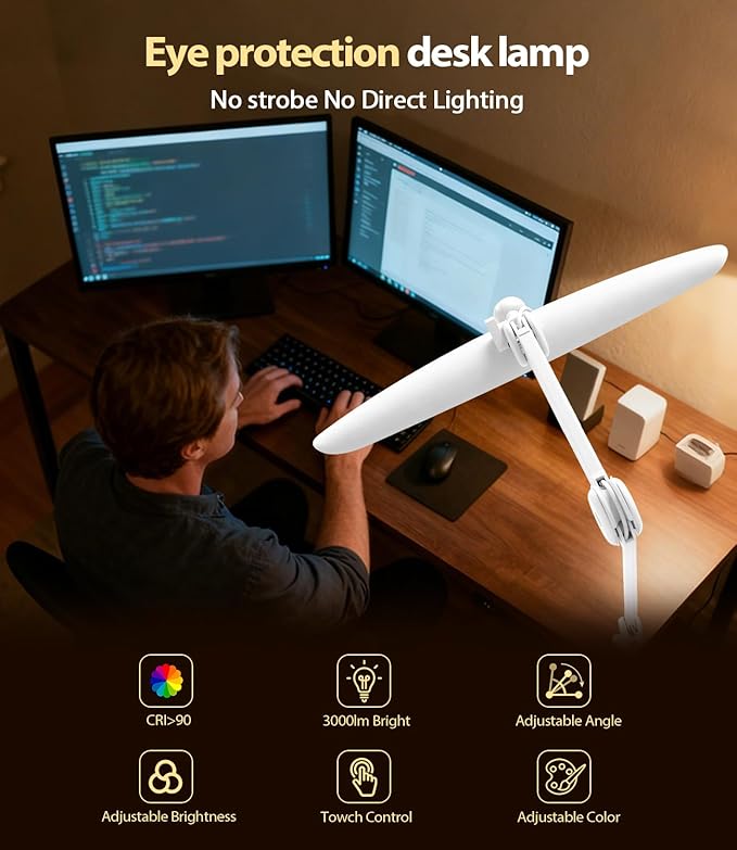 Led Desk Lamp with Clamp, Eye Caring Architect Desk Light for Home Office, Dual Screen Computer Monitor Gooseneck Adjustable Arm 20" LED Lamp, Stepless Dimming, for Nails &Salon, Reading, Workbench - Image 3