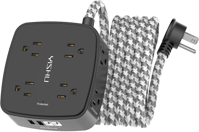 Surge Protector Power Strip - YISHU 8 Outlets with 4 USB (2 USB C) Charging Ports, 10Ft Braided Extension Cord, Flat Plug Multi Plug Outlet Extender Charging Station for Home Office, ETL, Black by YISHU