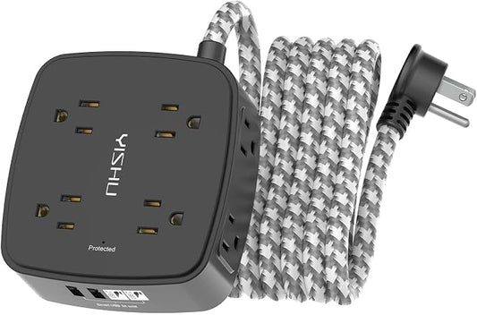 Surge Protector Power Strip - YISHU 8 Outlets with 4 USB (2 USB C) Charging Ports, 10Ft Braided Extension Cord, Flat Plug Multi Plug Outlet Extender Charging Station for Home Office, ETL, Black by YISHU