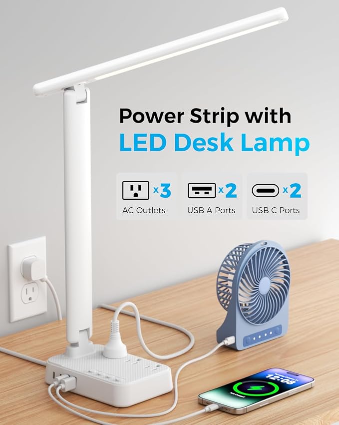 LED Desk Lamp with Power Strip, 3 AC Outlets & 4 USB Ports (2 USB-C), Stepless Dimming&2800K-6500K Eye-Caring Desk Light, Foldable Table Lamp with 5FT Cord for Home Office, Dorm Room Essentials White - Image 2