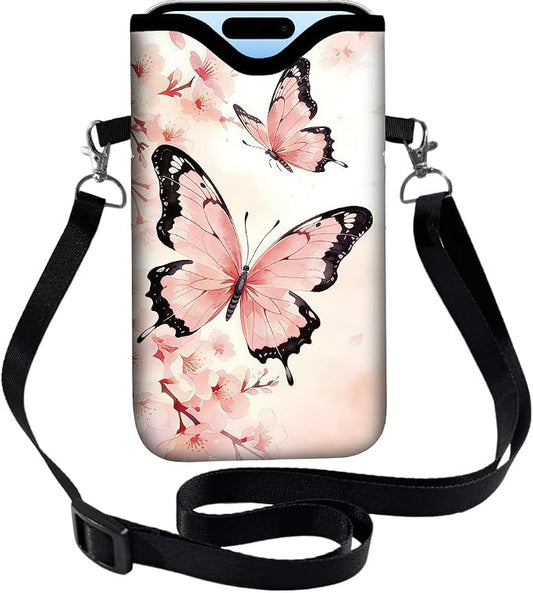 Pink Phone Sleeve with Adjustable Strap Neck Lanyard Fits Most Smartphones, Waterproof Phone Pouch Butterflies Flower Pattern Neoprene Nylon Phone Bag Carrying Case for Women 7.1 x 3.9 Inch by PRESSINART