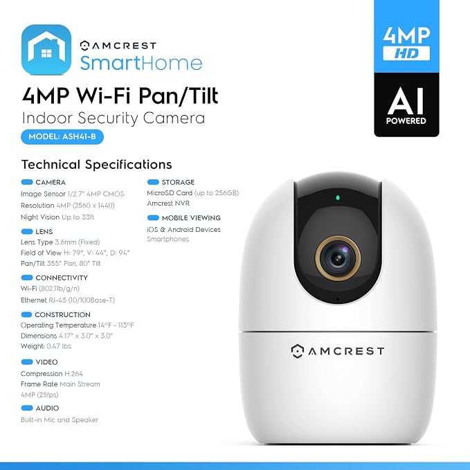 Amcrest 4MP WiFi Camera Indoor Camera, Sound & Baby Monitor, Human & Pet Detection, Motion-Tracking, w/ 2-Way Audio, Phone App, Pan/Tilt Wireless IP, Night Vision, Smart Home ASH41-W - Image 7