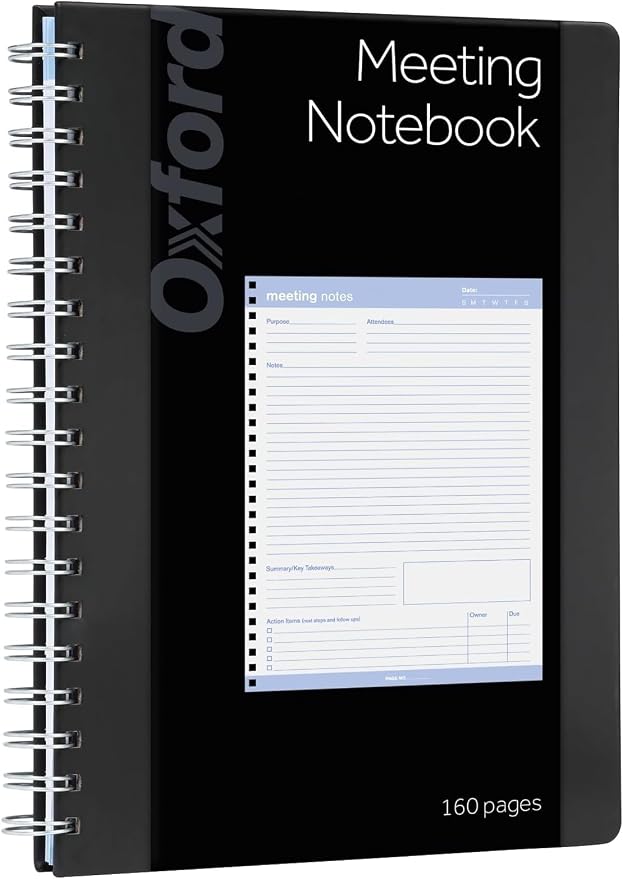 Oxford Meeting Notebook, Undated, Customizable Work Notes, Spiral Bound, Black Cover, Heavyweight 32 lb. White Paper, 7.5" x 10", 160 Pages (63830) (Pack of 12) by Oxford