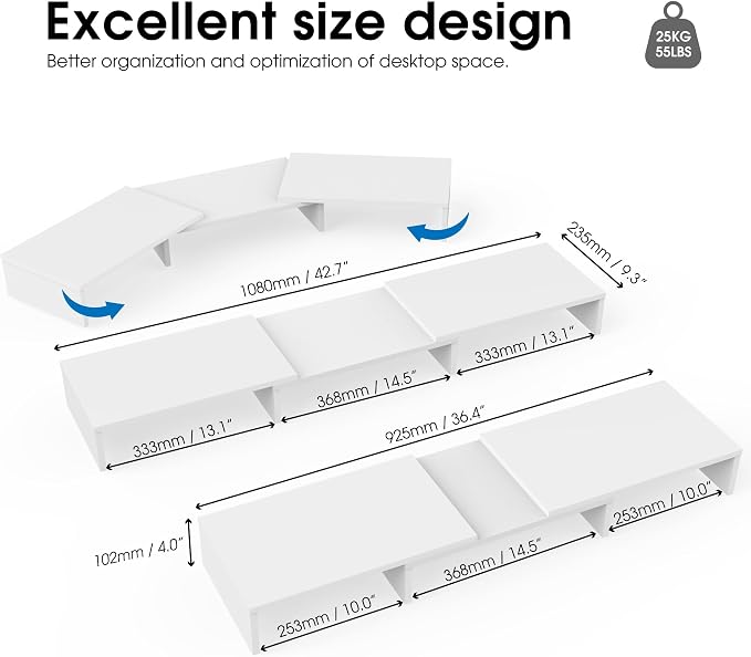 FITUEYES Dual Monitor Stand Riser, Adjustable Length and Angle, White | Wooden 3-Shelf Design, Supports up to 55lbs, Flexible for Standard Corner Space, Holds Monitor, Laptop, Phone, Printer - Image 3