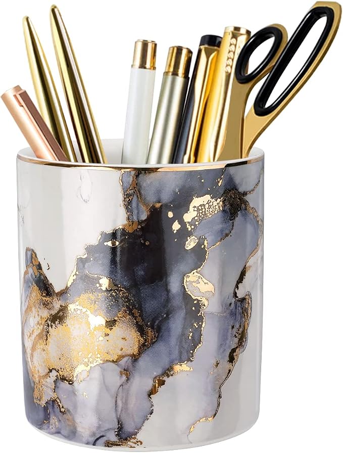 Marble Pencil Holder, Durable Ceramic Desk Organizer Office Supplies,Desktop Stationary Organizer,Multi-Functional Pencil Storage for Desktop Accessories,Office,Classroom,Home,Gray Gold by WAVEYU