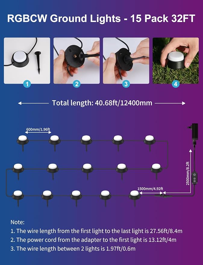 APPECK Outdoor Ground Lights 15 Pack, 32FT RGBCW Pathway Lights Wired | Color Changing Landscape Lights, 2200-6500K CCT, IP65 Waterproof, for Path Garden Lawn, Holiday/Party Decor, Alexa Compatible - Image 6
